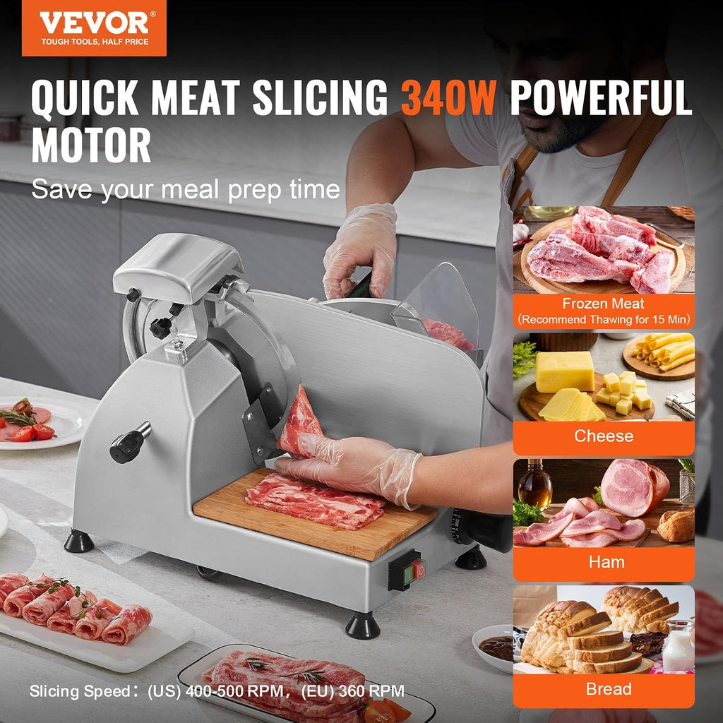 Meat Slicer, 340W Electric Deli Food Slicer with 10" SUS420 Stainless Steel Blade and Built-in Sharpening Stone