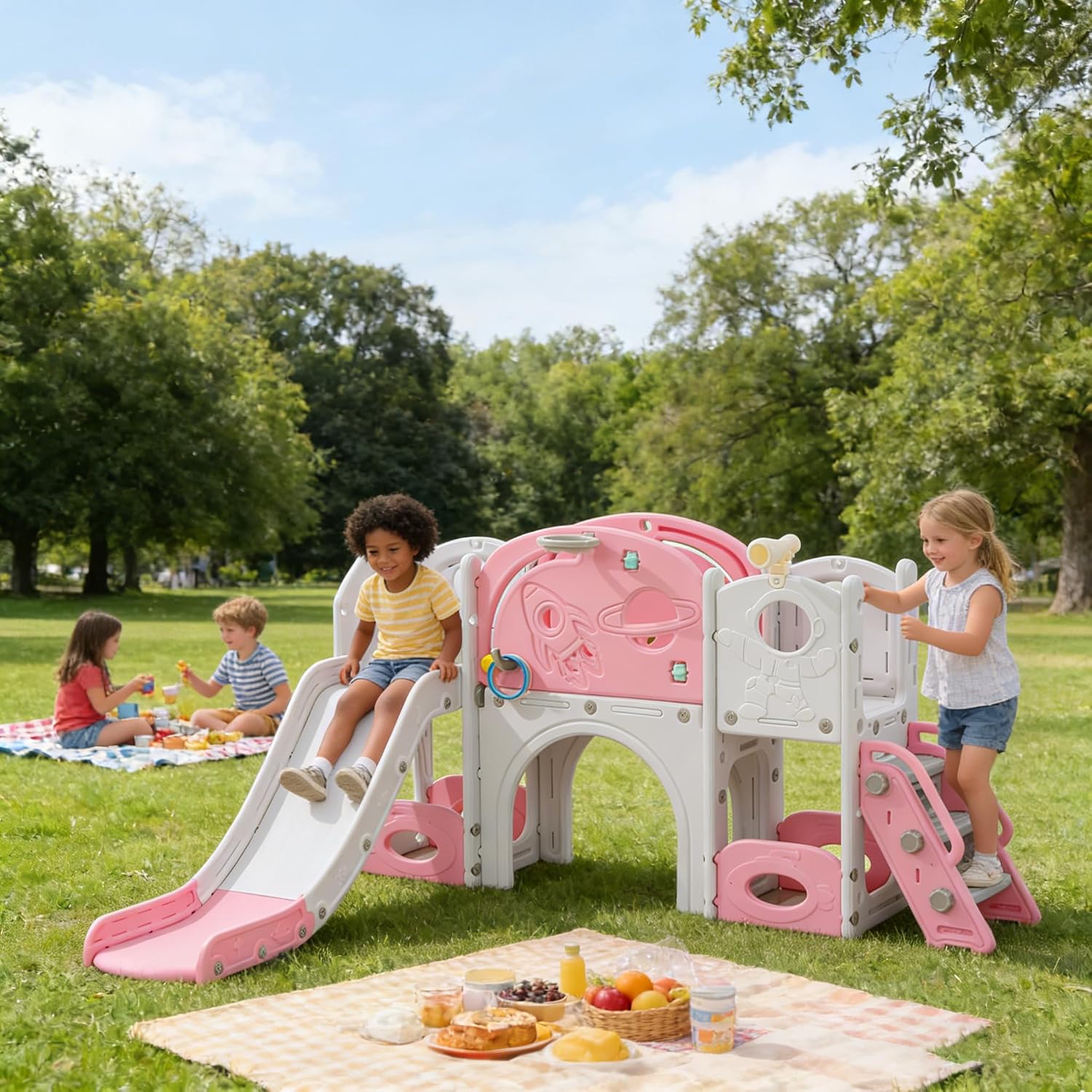 12 in 1 Space Adventure Playset for Toddlers Aged 3+ Astronaut-Themed Toddler Slide, Telescope, Basketball Hoop &