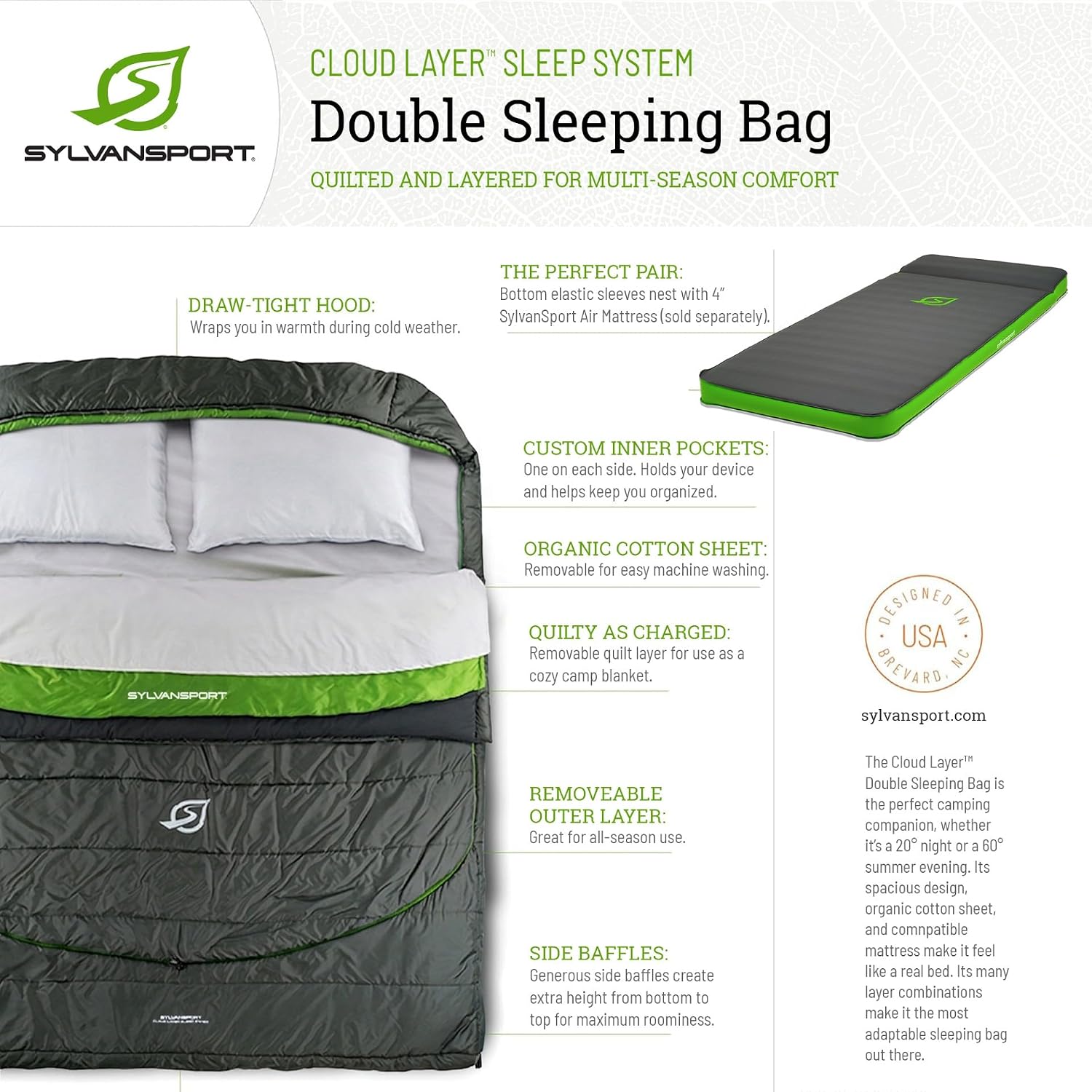 Cloud Layer Sleeping Bag for Adults - Adjustable Layers for 3-4 Season use - Integrated Cotton Sheet