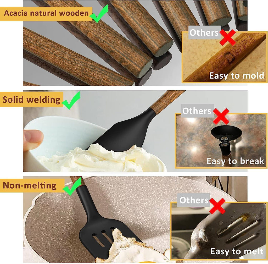 Silicone Cooking Utensil Set, Umite Chef 8-Piece Kitchen Utensils Set with Natural Acacia Wooden