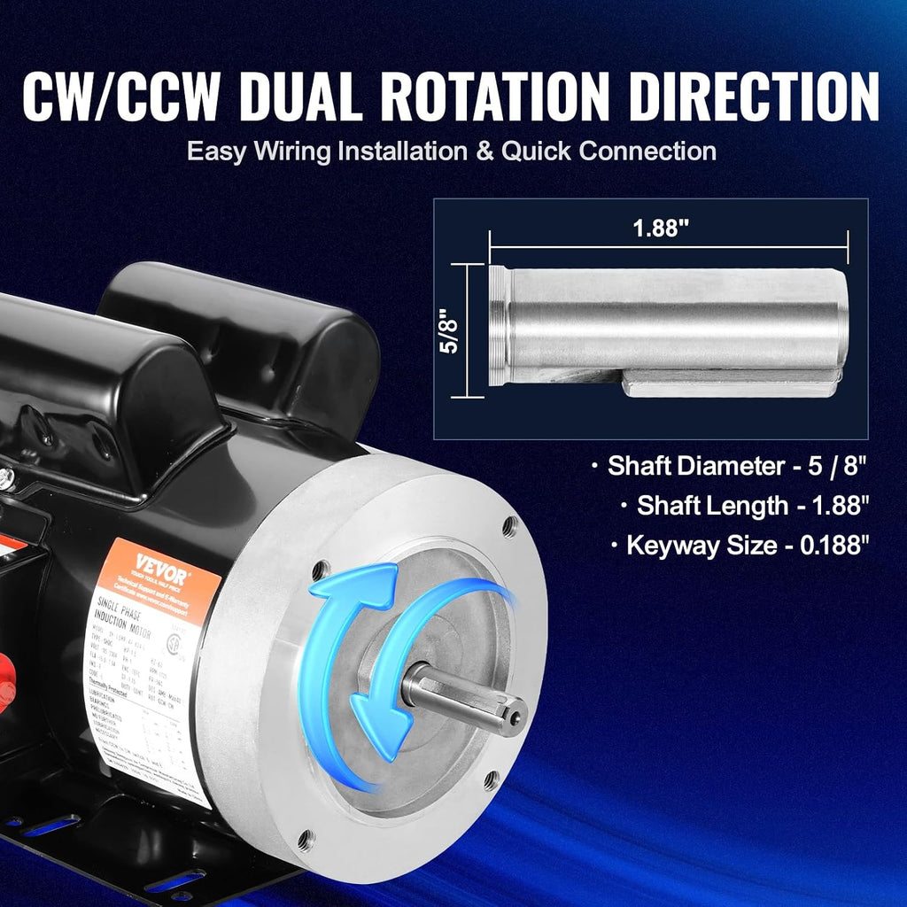 VEVOR 1.5HP Electric Motor 1725 RPM, AC 115V/230V, 56C Frame, Air Compressor Motor Single Phase, 5/8" Keyed Shaft, CW/CCW R