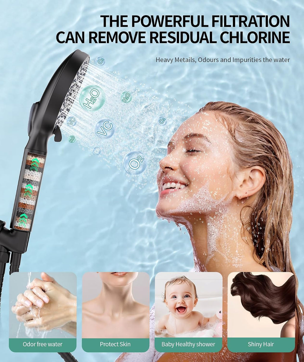 Filtered Shower Head with Handheld, High Pressure 9 Spray Mode Matte Black Showerhead with Filters, detachable shower