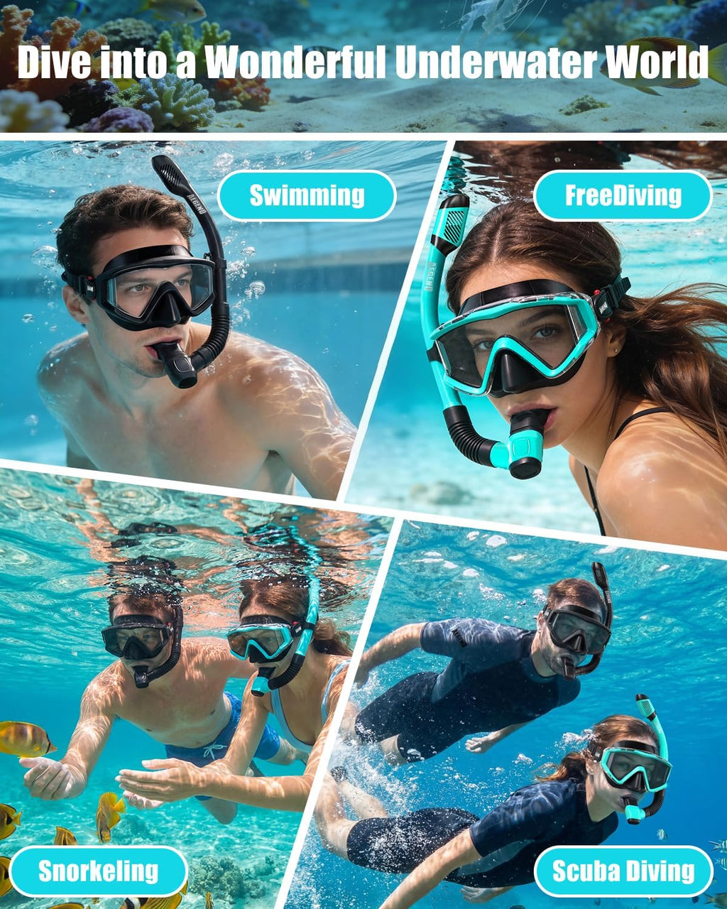 Snorkeling Gear for Adult Kid - Anti-Fog Mask with Top Dry Valve | Panoramic View Anti-Leak Snorkel Set with Travel