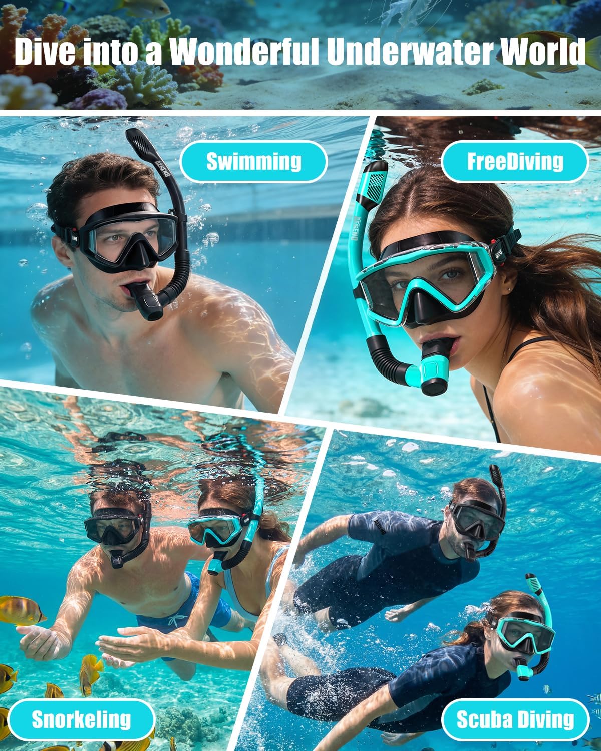 Snorkeling Gear for Adult Kid - Anti-Fog Mask with Top Dry Valve | Panoramic View Anti-Leak Snorkel Set with Travel