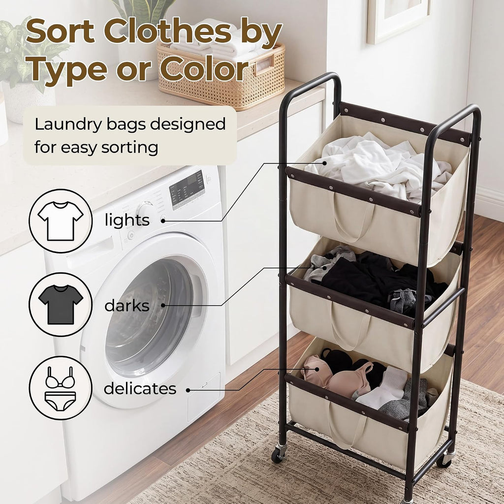 3 Tiered Laundry Sorter, Narrow Hamper Cart with Wheels | Sturdy 3 Section Laundry Basket with Wheels, Vertical Beige