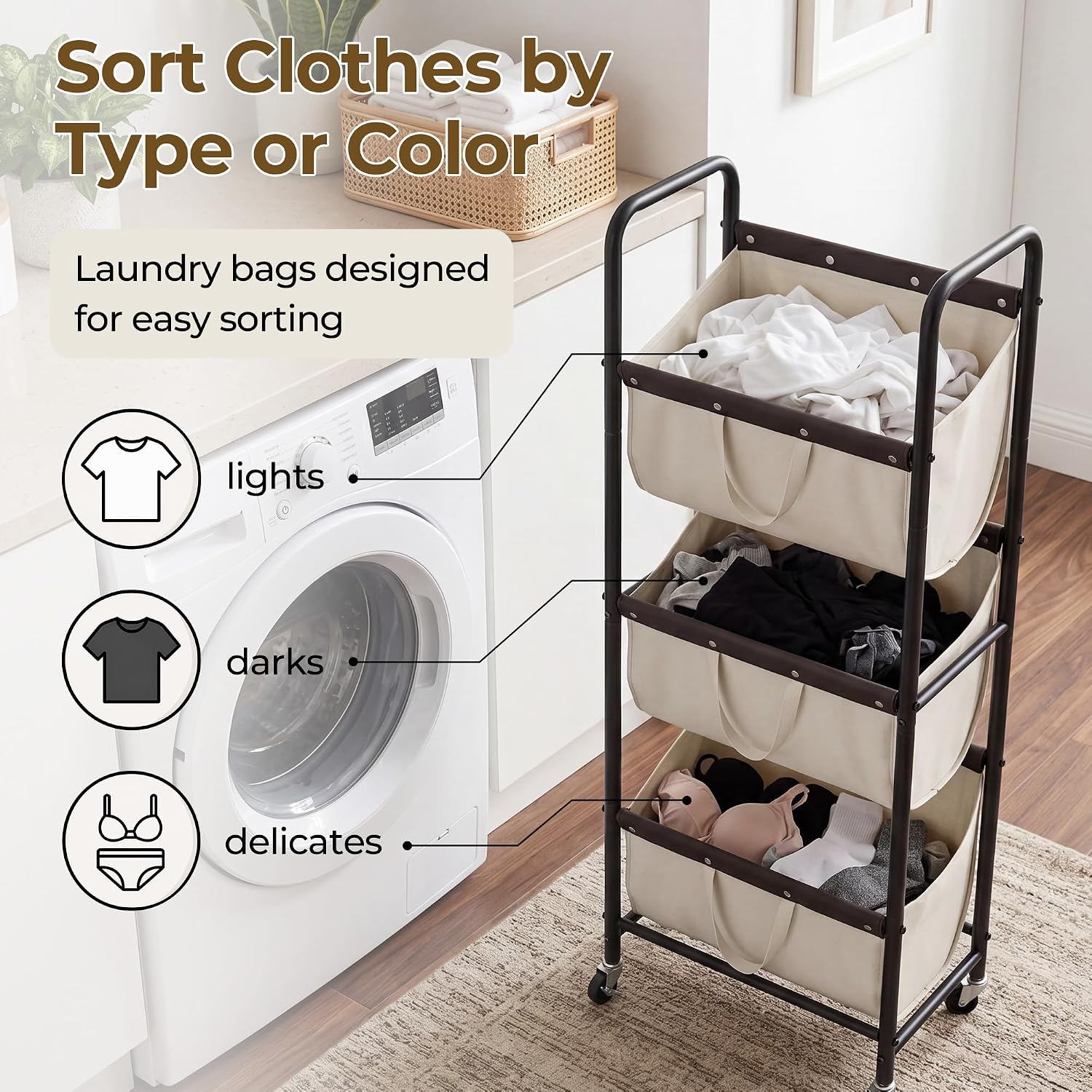 3 Tiered Laundry Sorter, Narrow Hamper Cart with Wheels | Sturdy 3 Section Laundry Basket with Wheels, Vertical Beige