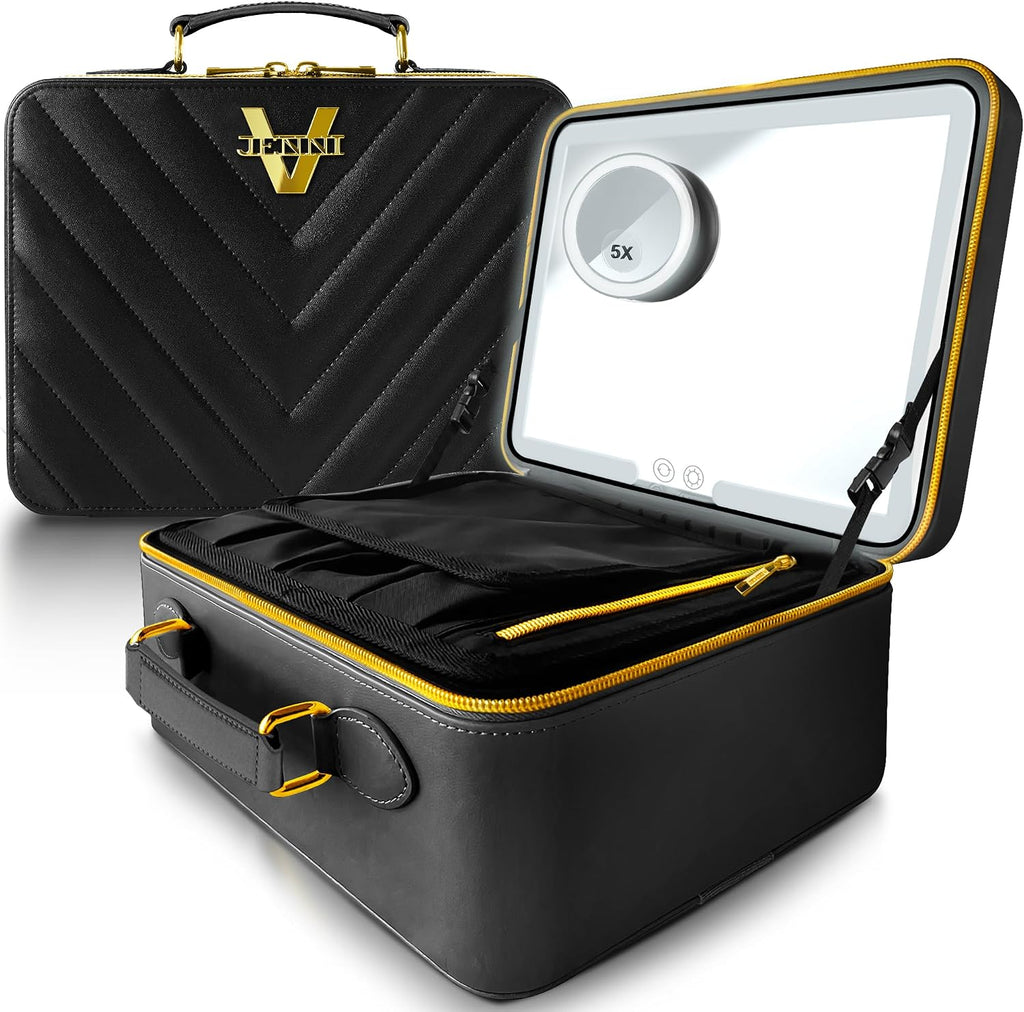 Upscale PU Leather Makeup Bag with Light Up Mirror, 3 Brightness Settings, Adjustable Dividers - Replace Your Bulky