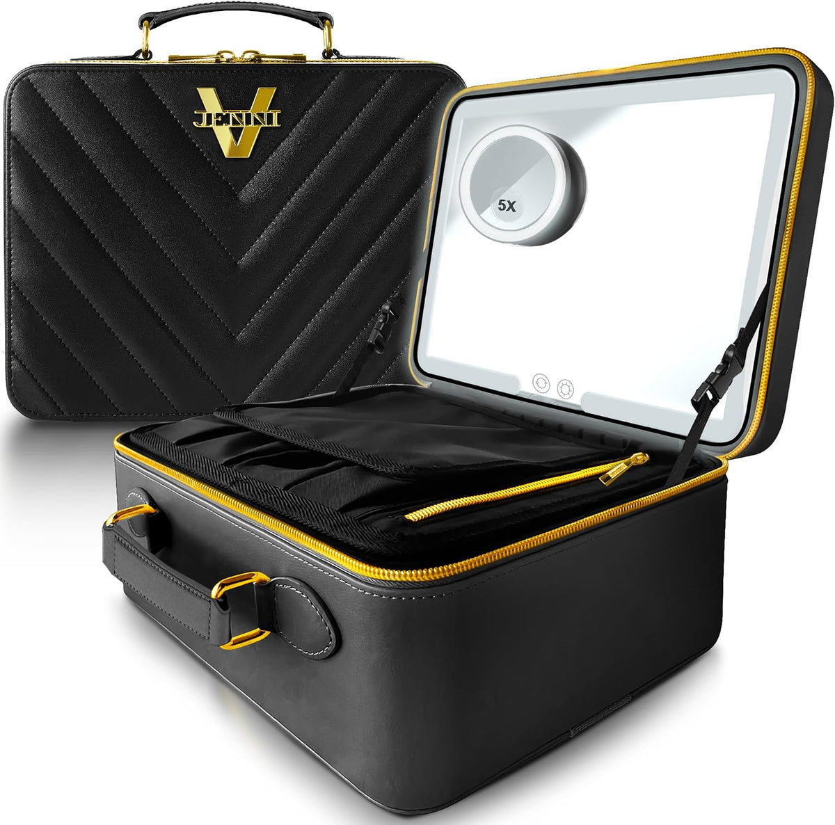 Upscale PU Leather Makeup Bag with Light Up Mirror, 3 Brightness Settings, Adjustable Dividers - Replace Your Bulky