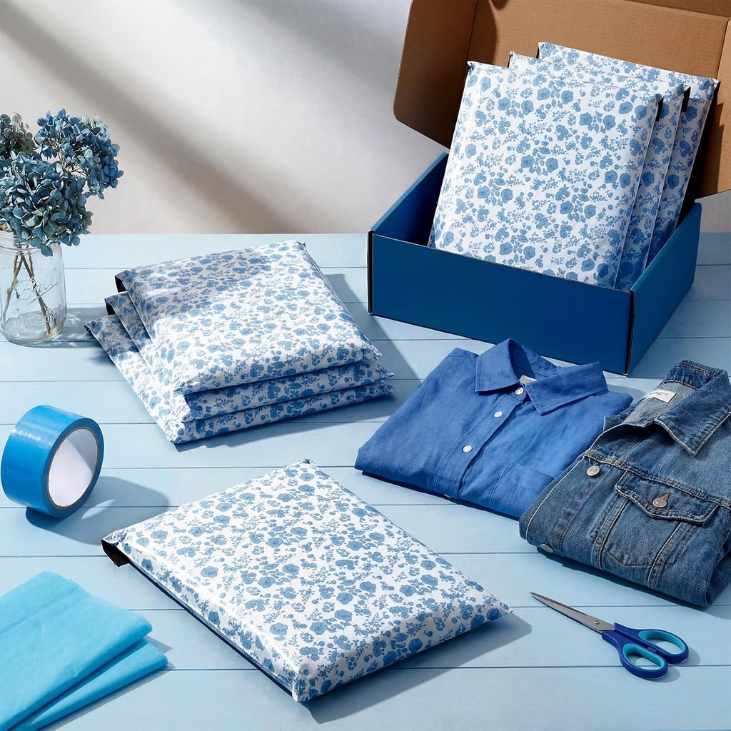 200 Pack Coquette Mailers Bags 10x13 in Floral Poly Mailers, Blue