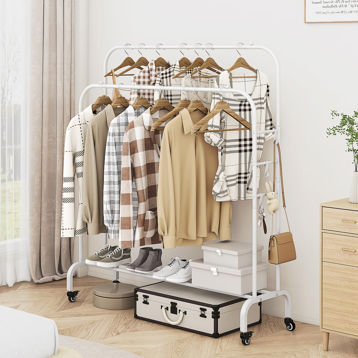 Clothes Rack with Lockable Wheels Double Rods Metal Garment Racks