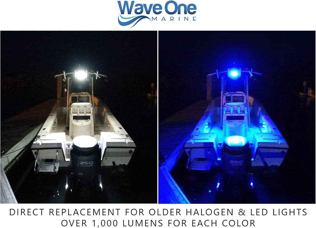 Wave One Marine Dual Color LED FLUSH Mount Spreader Light | Boat Deck Flood Beam | Stainless Hardware | IP68 Waterproof | High Lumen | 12-24 Volt DC Input (WHITE)
