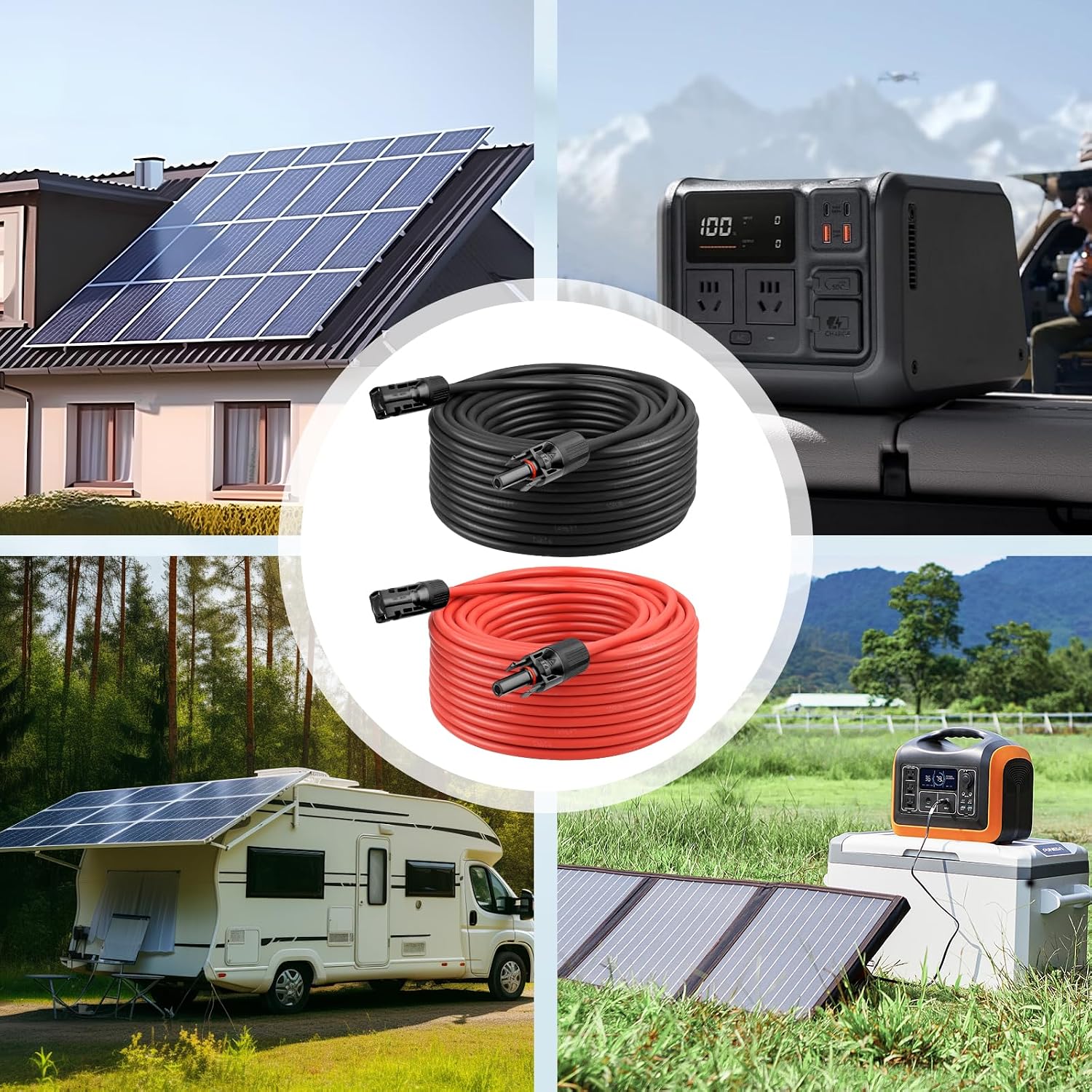 10 AWG Solar Extension Cable 2FT Black + 2FT Red, 10 Gauge Solar Panel Wire Male to Female Tinned Copper Wire for