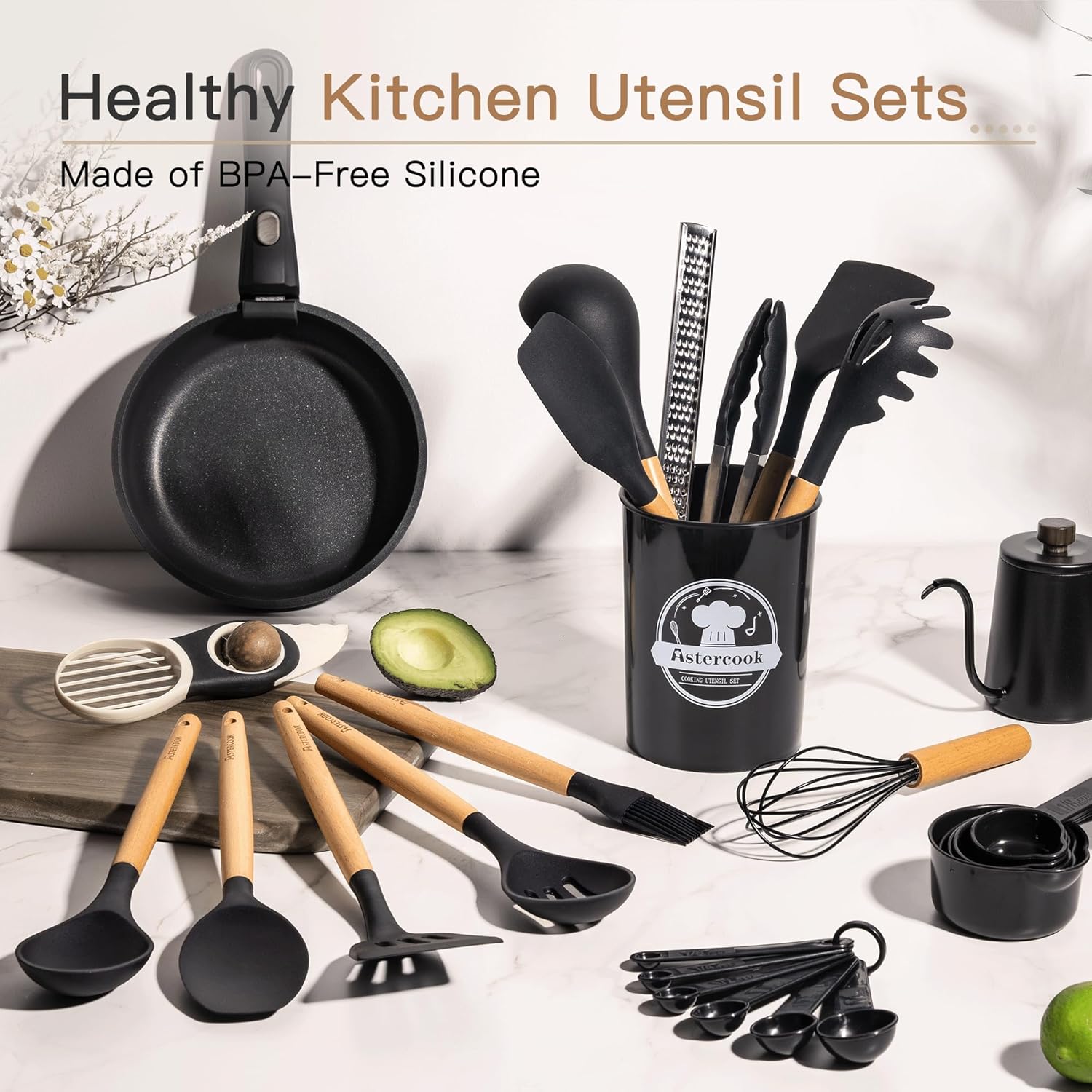 39 PCS Kitchen Utensils Set, Silicone Cooking Utensil Sets with Wooden Handle, 446°F Heat Resistant Food Grade