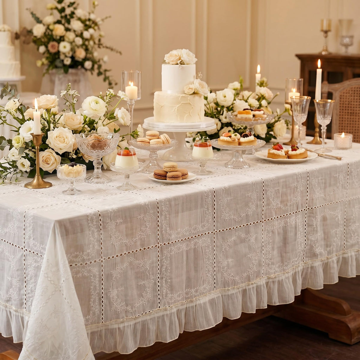 Cream Embroidered Tablecloth, 52 x 70 Inch