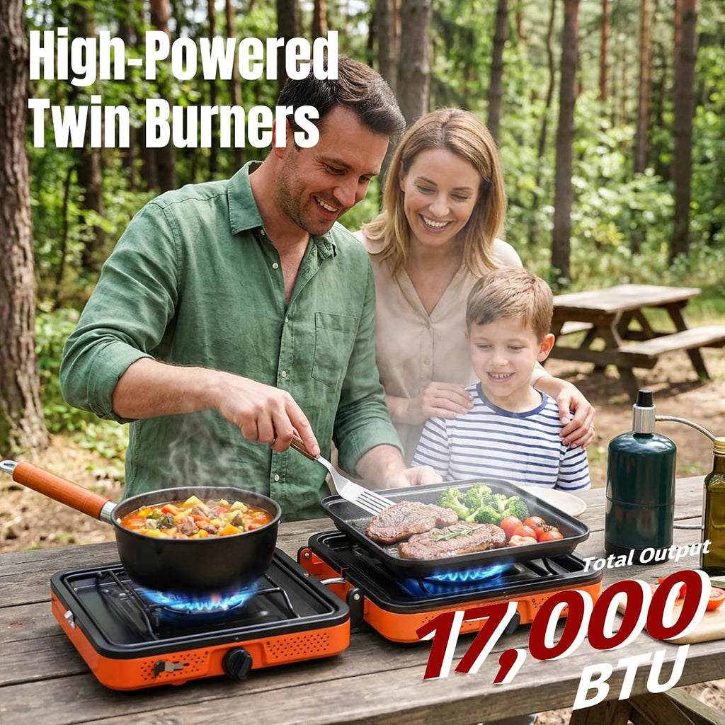 2 Burner Portable Propane Camping Stove, 17000 BTUs | Foldable Gas Stove for Camping, Outdoor Cooking, RV Trips, or