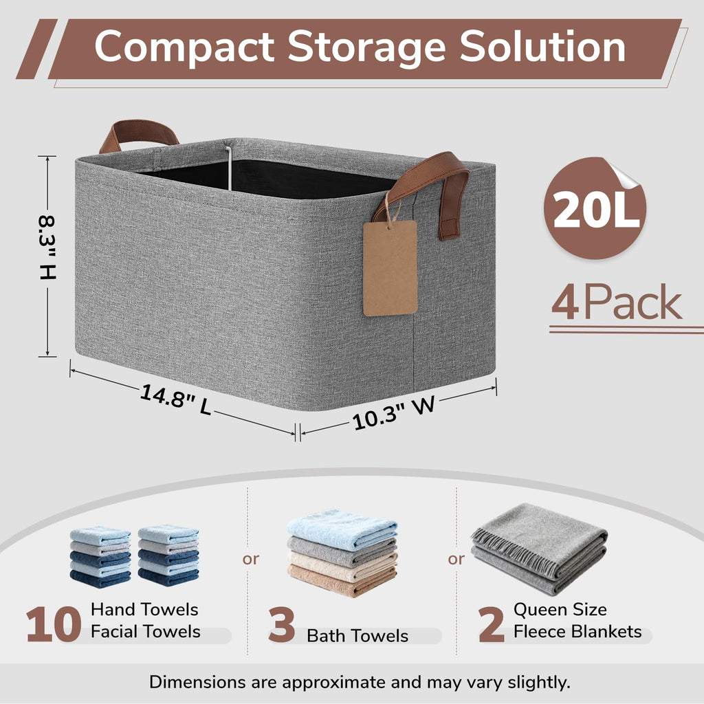4 Pack Fabric Storage Bins for Shelves, Metal Frame, 20L Gray