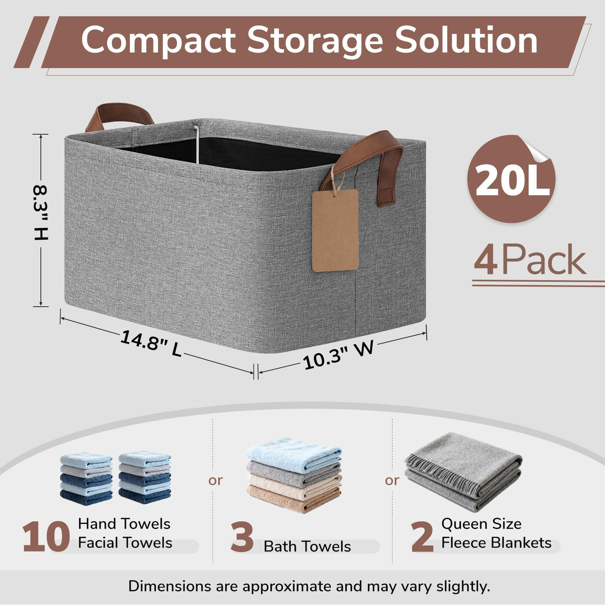 4 Pack Fabric Storage Bins for Shelves, Metal Frame, 20L Gray