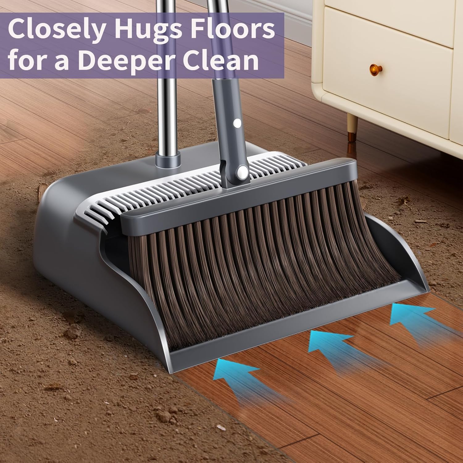 Broom and Dustpan Set, 51.6" Long Handle Broom with Dustpan Combo Set with Dustpan Teeth & Two Broom Heads, Brooms