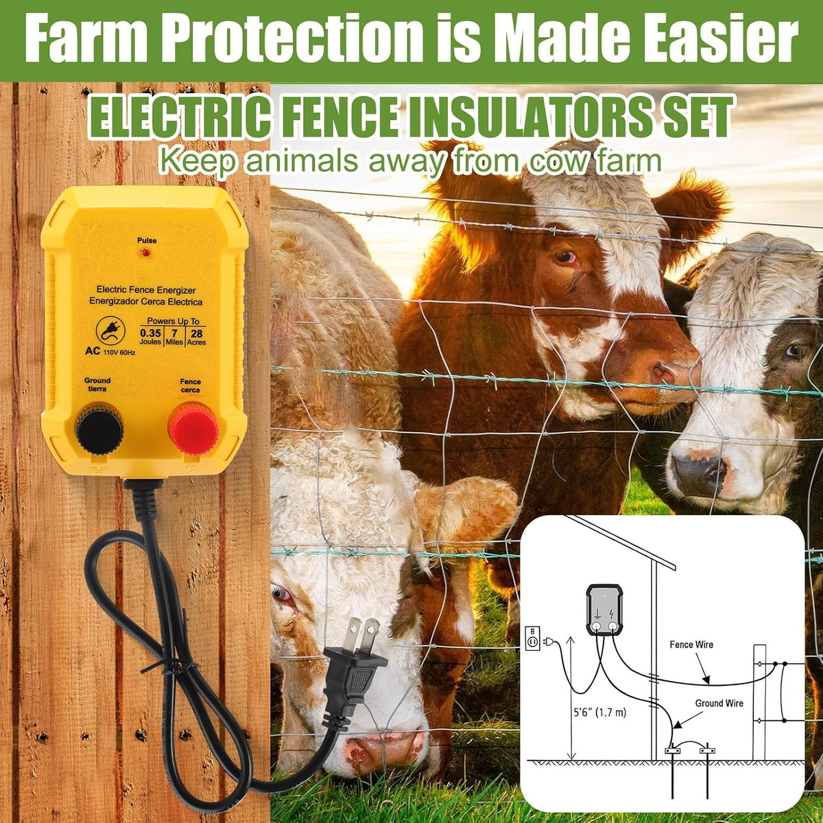 Electric Fence Charger Kit 0.35 J 7 Mile 50 Insulators 250ft Wire | 110V AC Range for Chickens Pets Poultry, Kit with