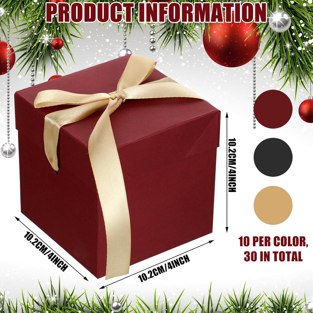 30 Pcs Small Gift Boxes with Lids 4 Inch Squared Christmas Gift Boxes with Gold Ribbon Packaging Red Brown Black