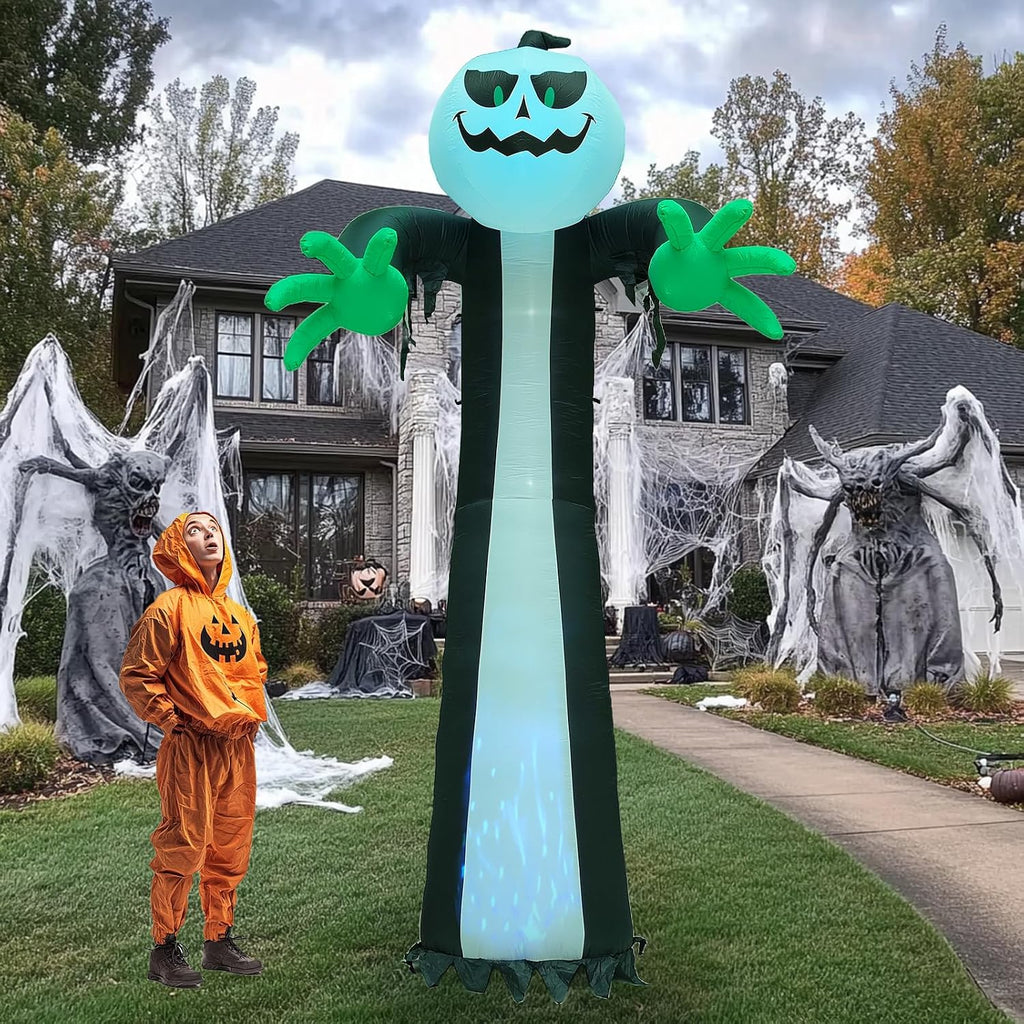 14 Ft Halloween Inflatable Pumpkin Ghost Decoration with Rotating LED Light | Waterproof Polyester, 3D Rotating