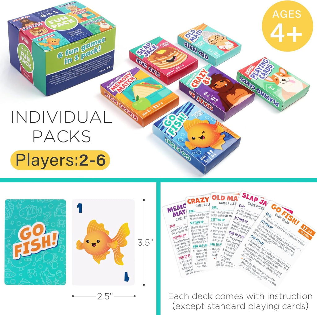 Card Games for Kids, 6 Decks, Go Fish, Old Maid, Crazy Eights, Memory Match, Slap Jack, Animal Playing Cards, Easter