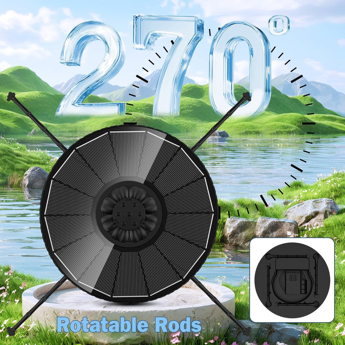 Solar Fountain with 2000mah Battery, 3-Level Adjustable Water Height, Rotating Rods, Works in Shadow, 7 Nozzles, 2026