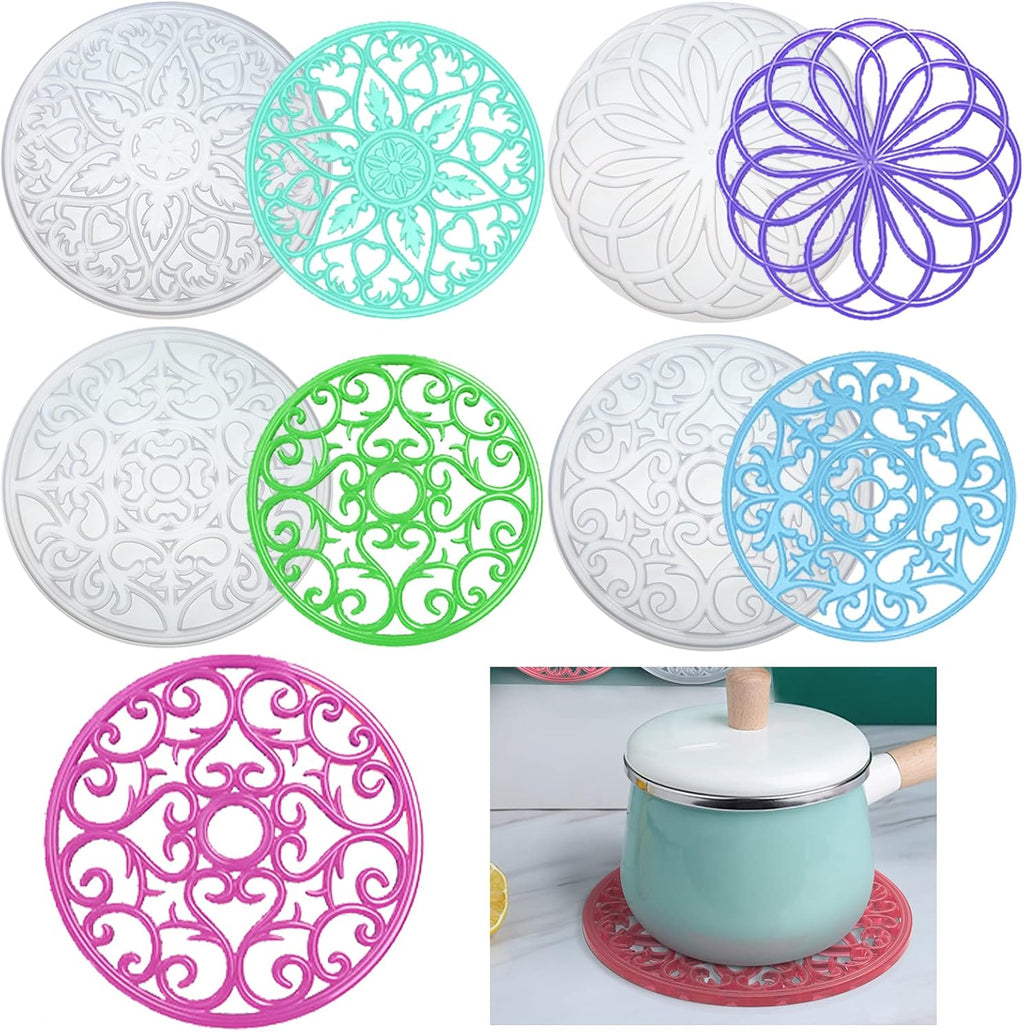 4 Pcs Large Mandala Coaster Resin Molds Hollow Flower Shiny Silicone Molds for Resin Casting Round 3D Geode Design