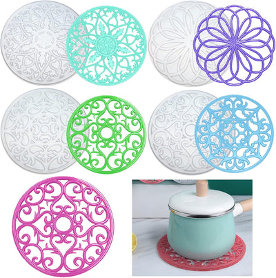 4 Pcs Large Mandala Coaster Resin Molds Hollow Flower Shiny Silicone Molds for Resin Casting Round 3D Geode Design