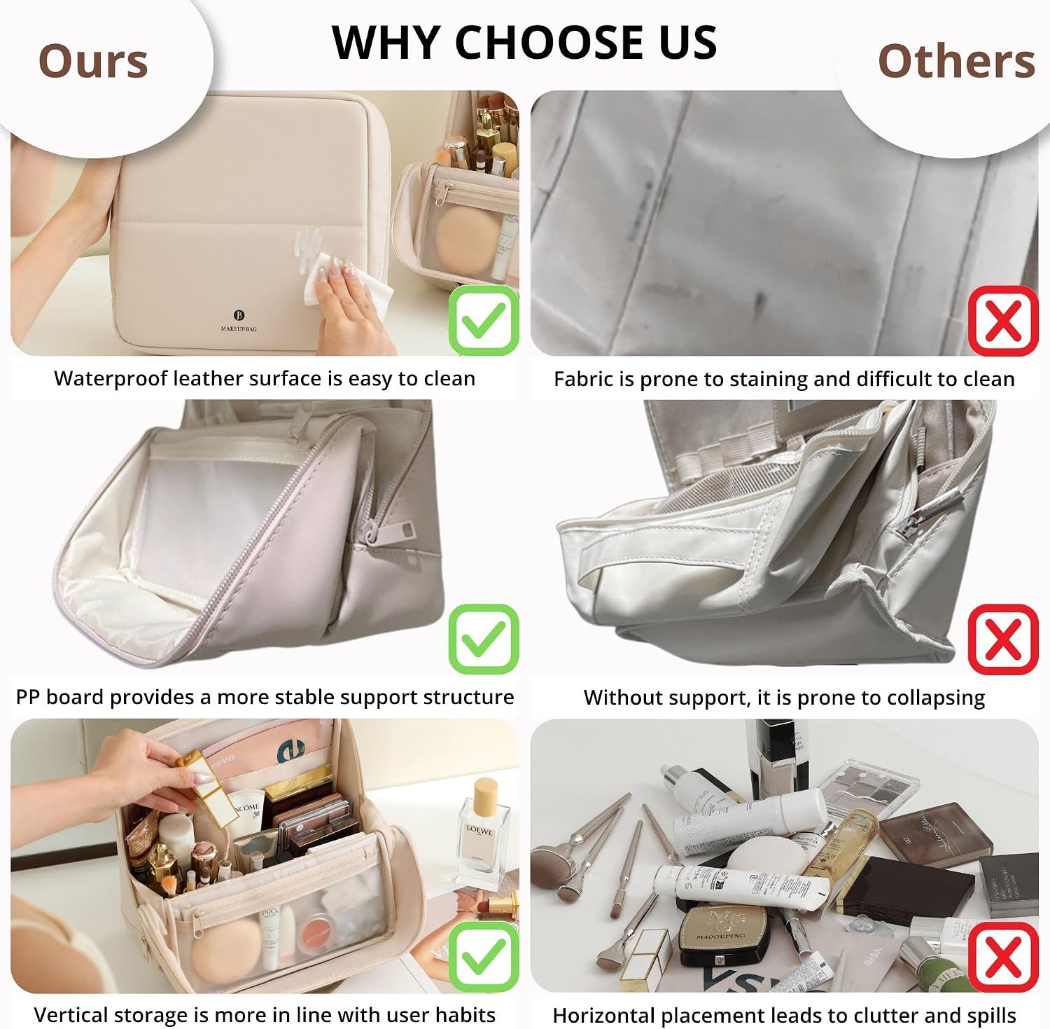 Travel Makeup Bag with Magnetic Fold-Down Flap, Waterproof Leather Cosmetic and Toiletry Organizer for Women