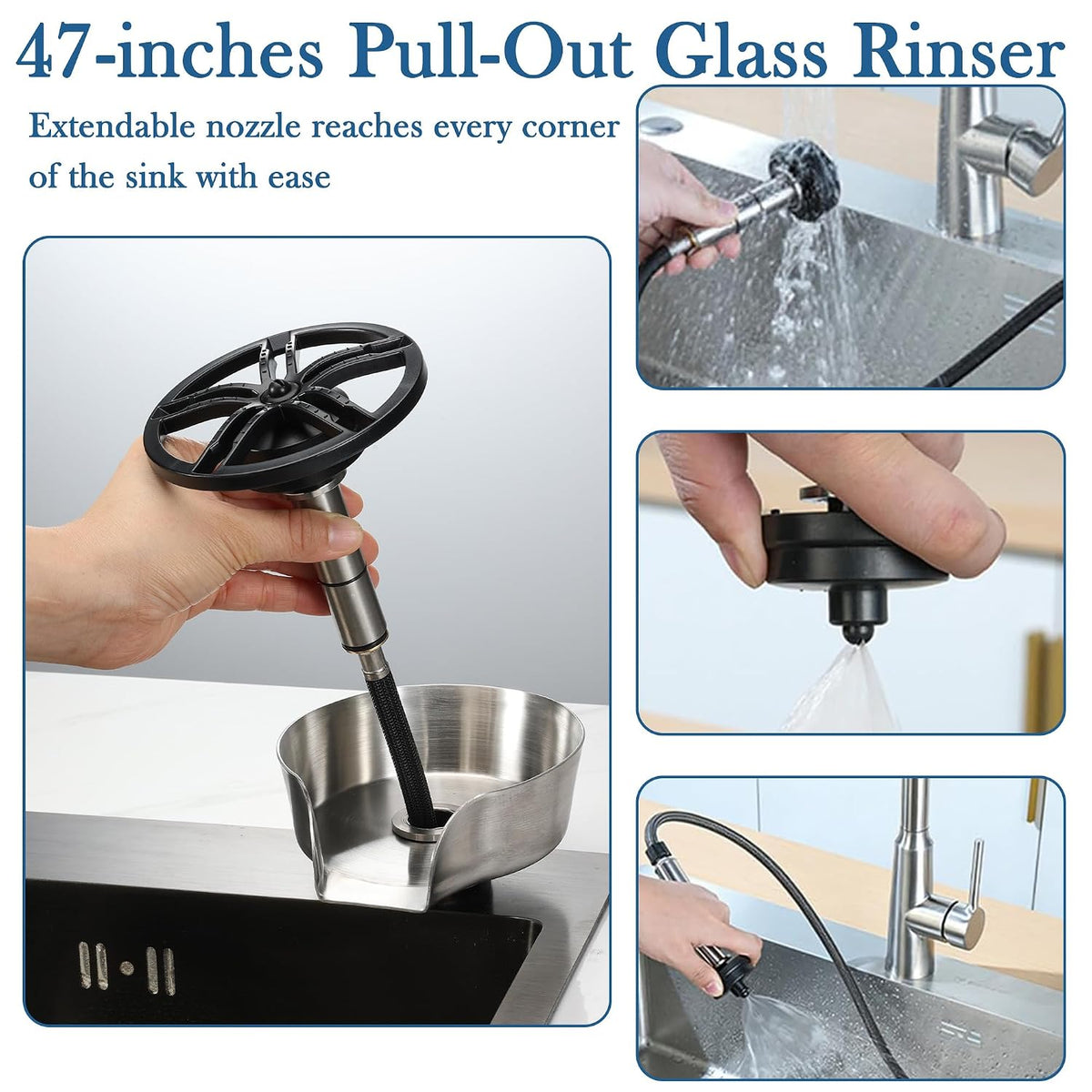 Brushed Nickel Metal Glass Rinser for Kitchen Sink, Cup Washer for Sink, Bottle Washer with Pull-Out Sprayer Combo