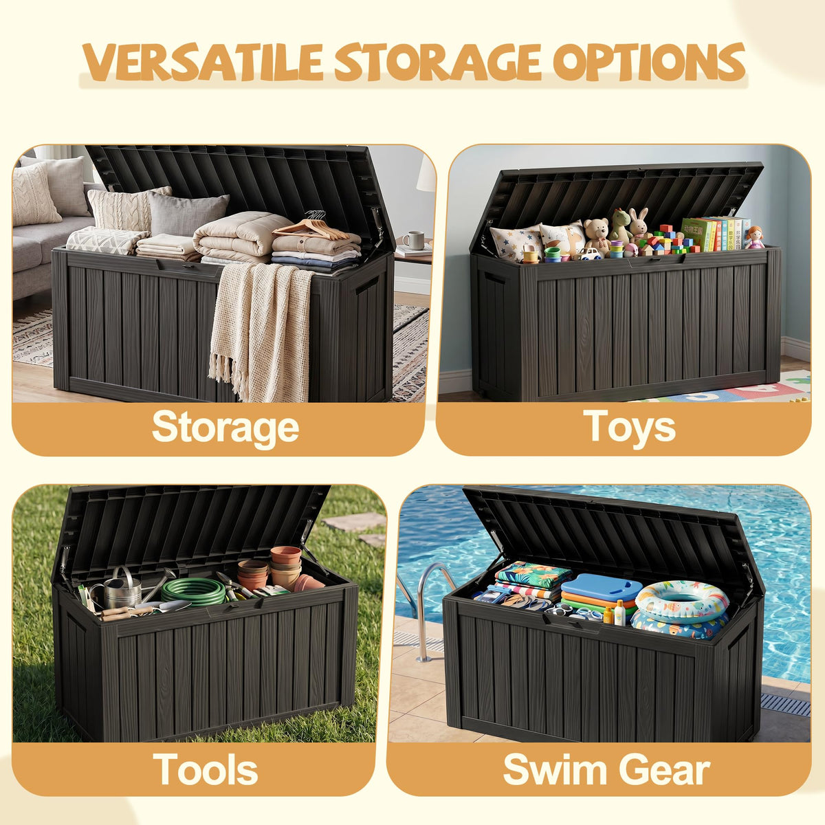 Outdoor Storage Box, 150 Gal Gen 2 Resin Deck Box w/Gas Struts & Wheels