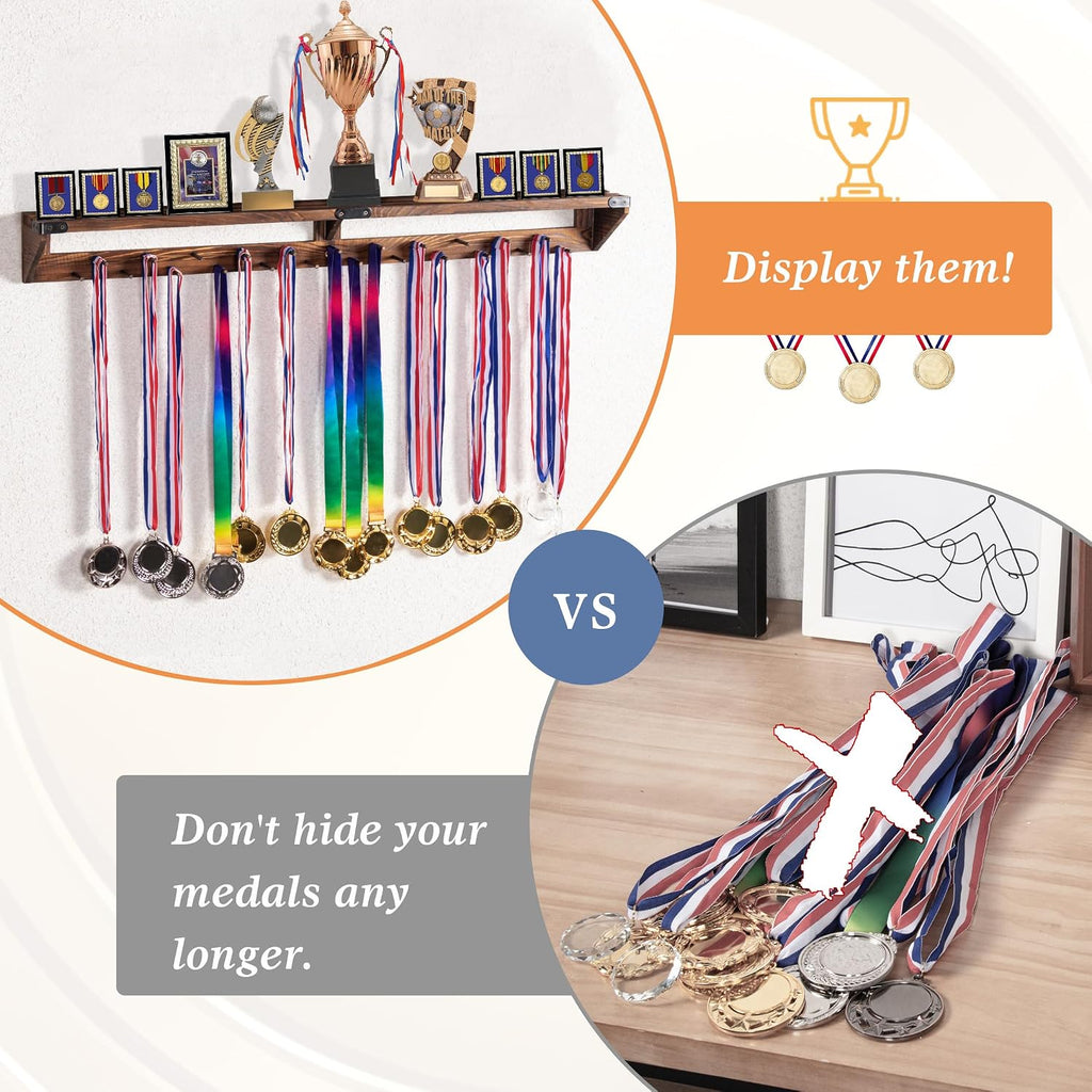 Gymnastic Medal Hanger with Storage Shelf, Wooden Wall-Mounted Trophy Shelf, Race Medal Display Rack Holder with 23