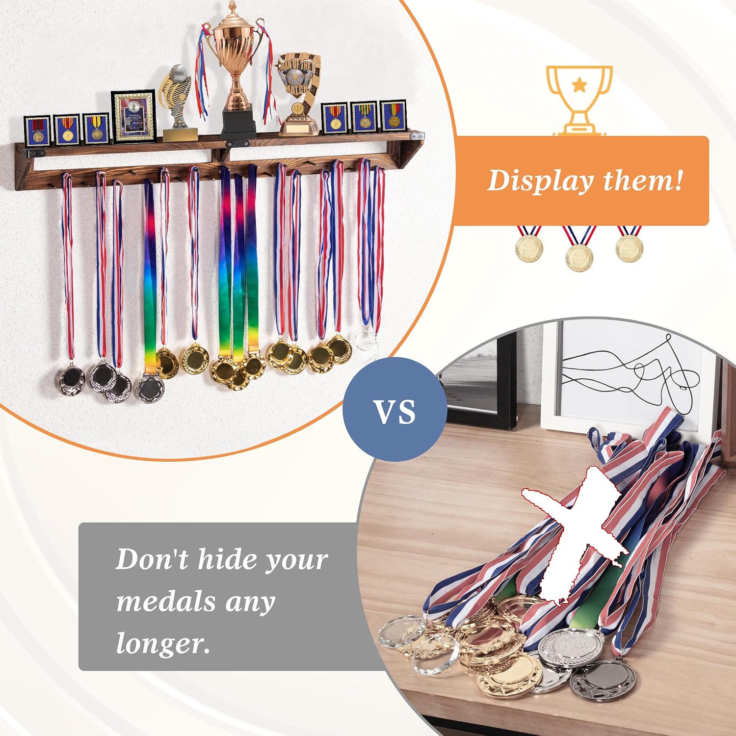 Gymnastic Medal Hanger with Storage Shelf, Wooden Wall-Mounted Trophy Shelf, Race Medal Display Rack Holder with 23