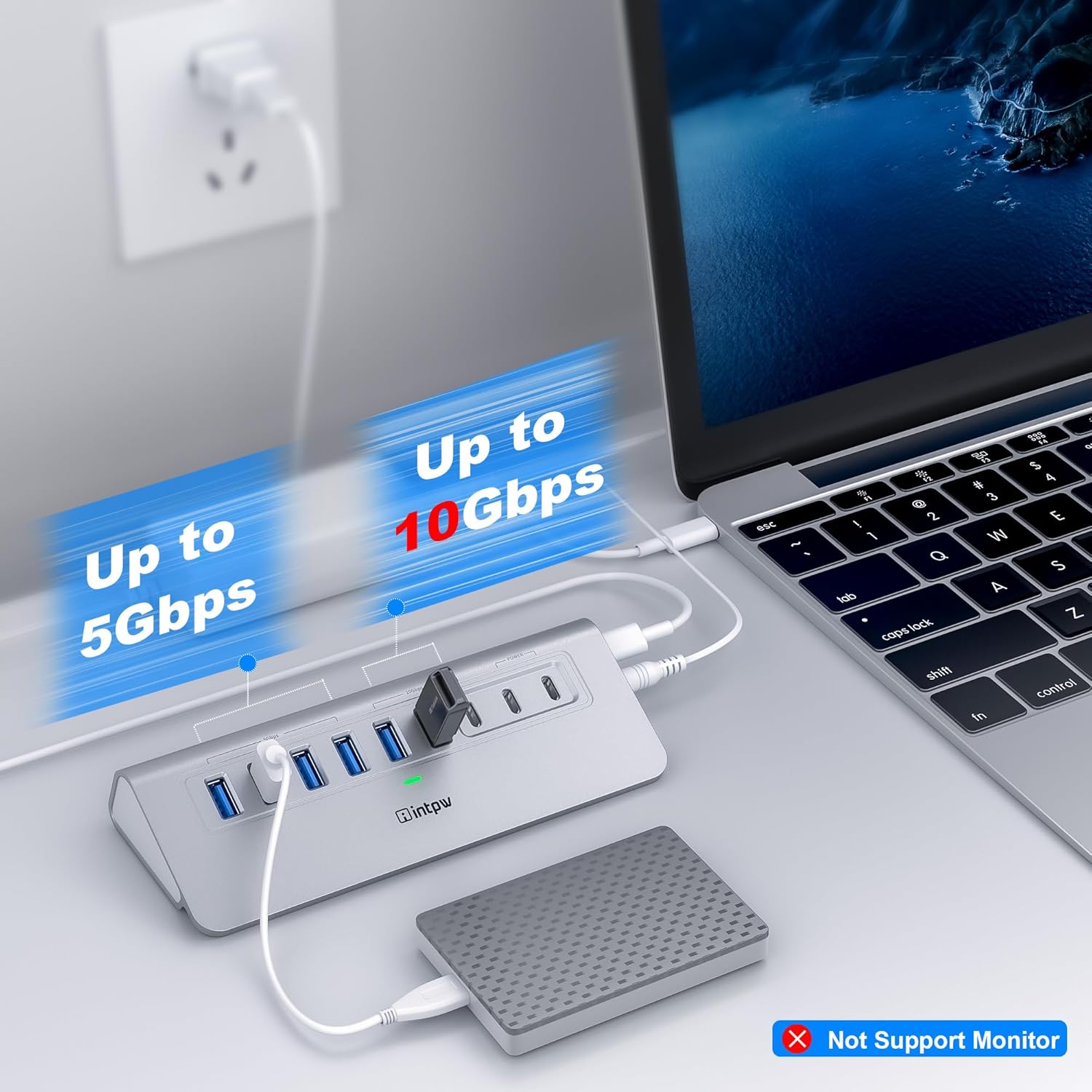 Powered USB Hub 10Gbps, intpw 9-Port USB 3.2 Hub, USB C Hub with USB A/USB C 3.2, 4 USB 3.0, 2 PD 45W Charging Ports