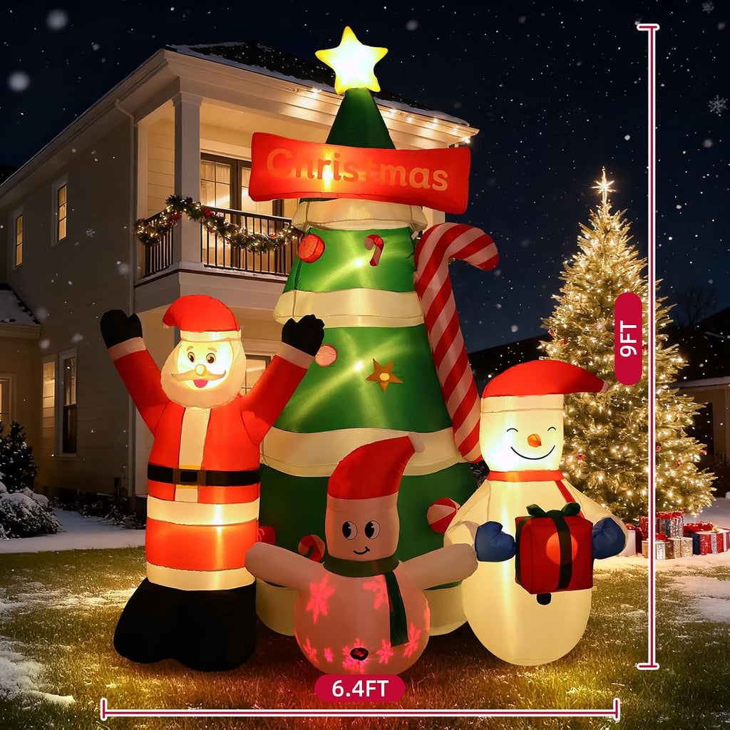 9Ft Christmas Inflatables Tree Decorations with Santa Snowman | Built-in LED Lights Blow Up Christmas Tree Outdoor