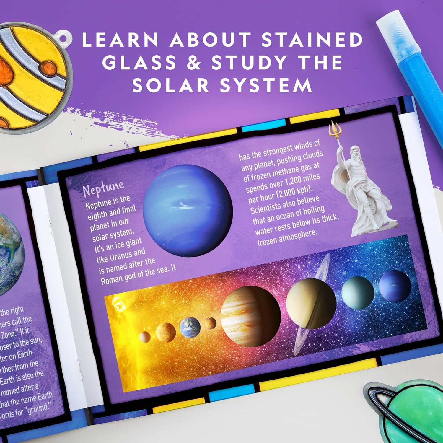 National Geographic Solar System Stained Glass Suncatcher Craft Kit | Glow-in-the-Dark Planets, Window Suncatchers