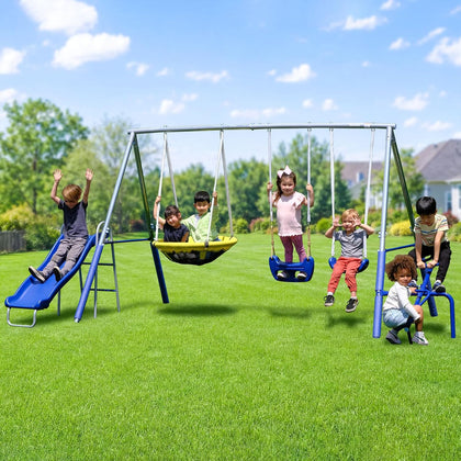 Taylor 700lbs Galvanized Metal Swing Set for Kids for Backyard & Outdoors with Teeter-Totter, Saucer & Standing