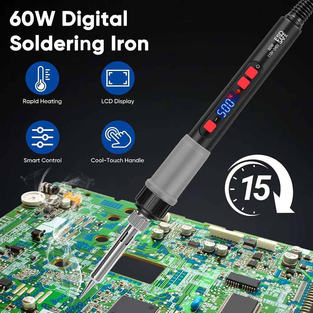 Soldering Iron Kit, 60W Soldering Tools with LCD Digital Display, 180°-500°C / 356°-932°F Adjustable Temperature, 5