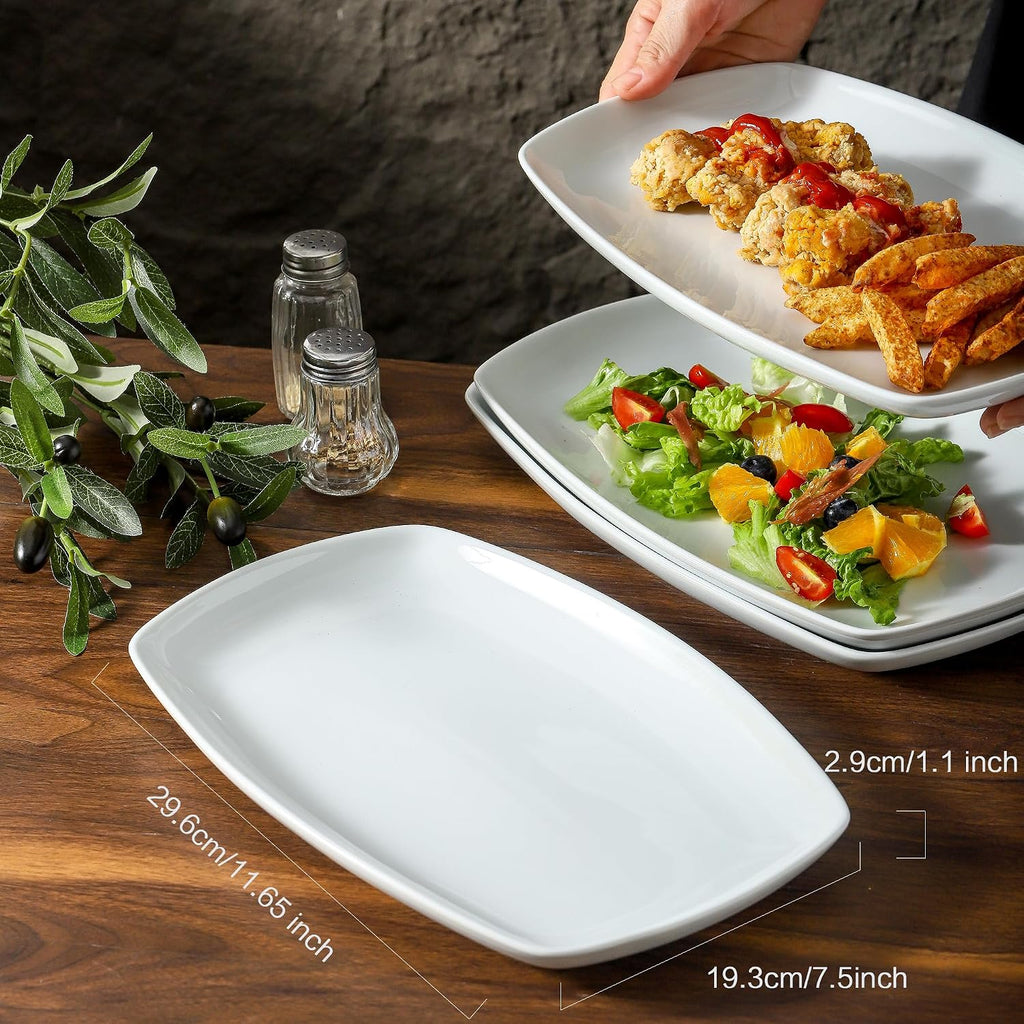 White Rectangular Plate Set, Ceramic Large Serving Platters, 12 Inch Dessert Trays for Party, Entertaining, Food