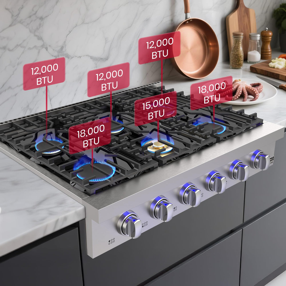 CHEF COLLECTION 36 Inch Gas Rangetop 6 Burners, Re-ignition