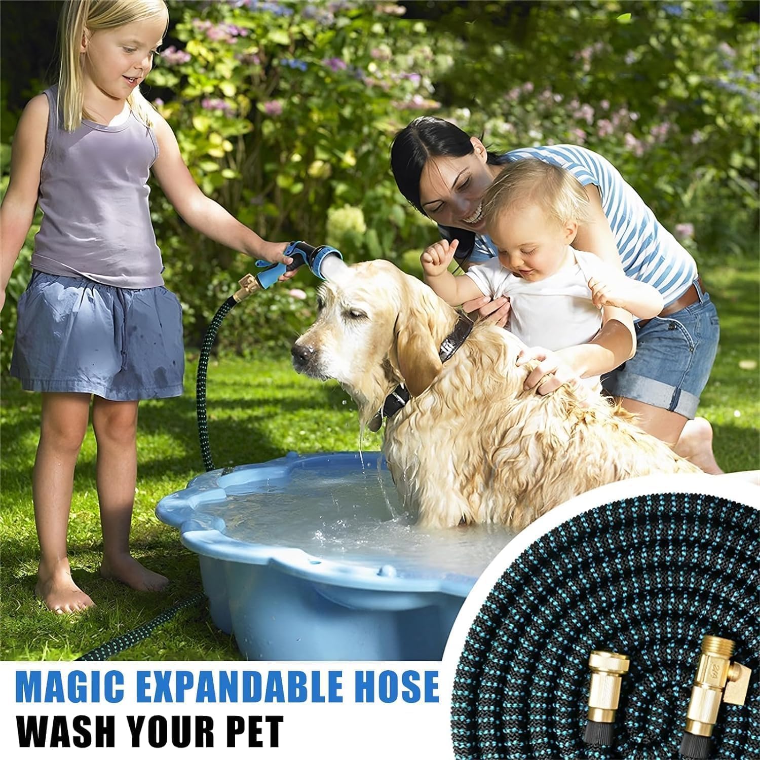 100 ft Expandable Garden Hose - Kink Free Flexible Water Hose with Thumb-Controlled 10-Function Nozzle, 3/4 Solid