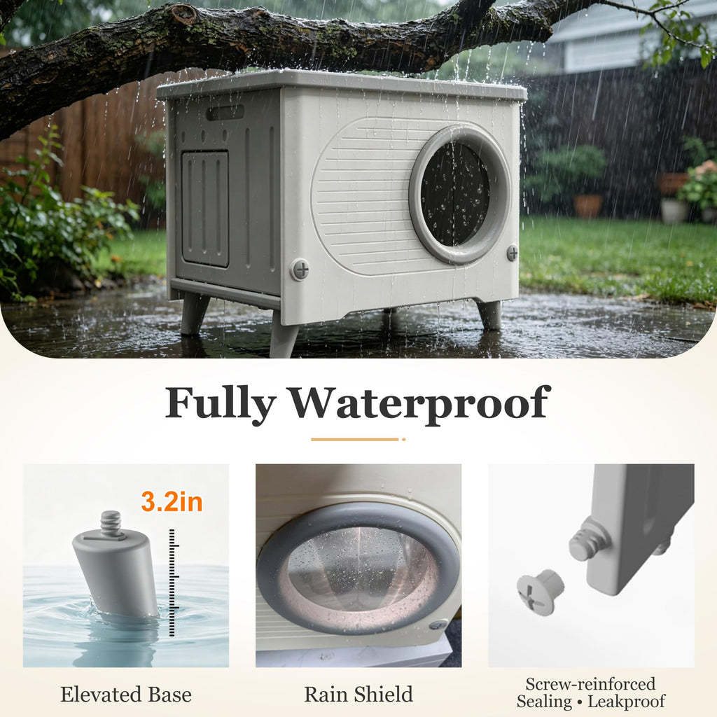 Outdoor Cat House Weatherproof Elevated with Escape Door & Cushion