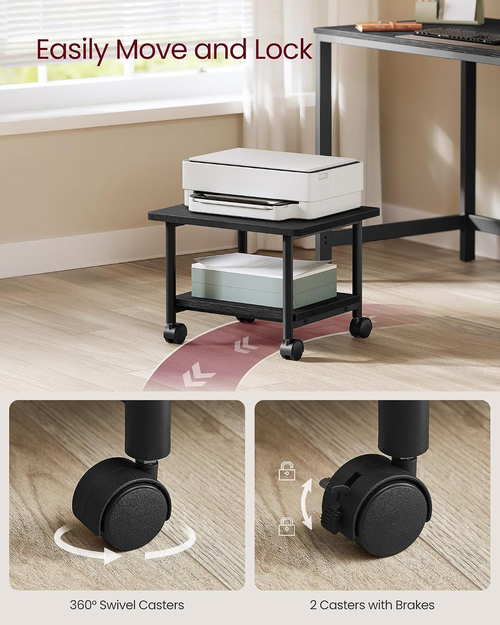 Printer Stand with Locking Wheels, Industrial Mobile Cart, Under Desk Printer Table for Home Office, 18.9 x 15.7 x