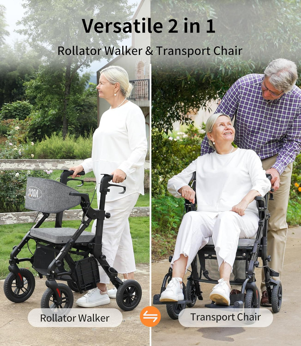 Rollator-Walkers-for-Seniors-with-Seat, Walker Wheelchair Combo, Transport-Wheelchair-Lightweight-Foldable, Adult