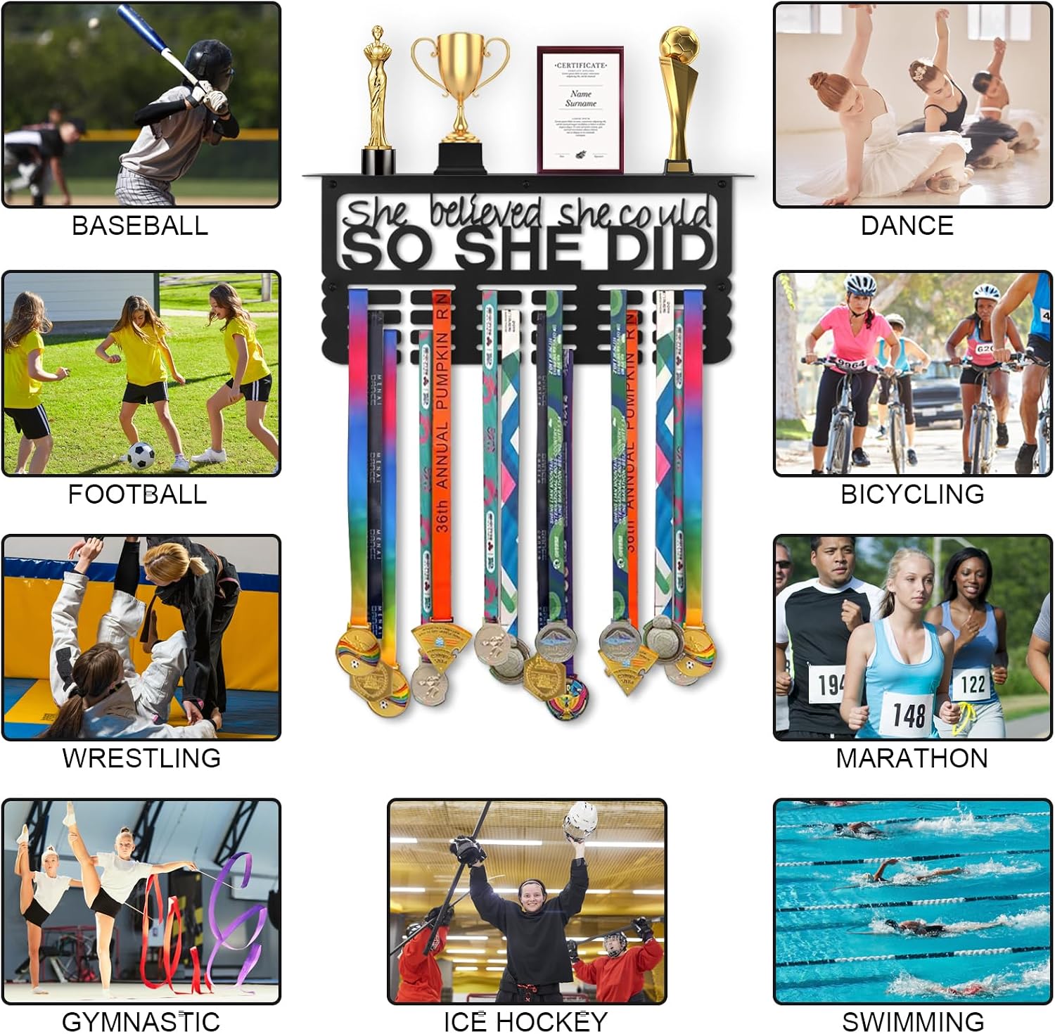Medal Hanger Display with Trophy Shelf, Medal Holder Trophy Display Shelf | Upgraded Sports Ribbon Holder Simple Wall