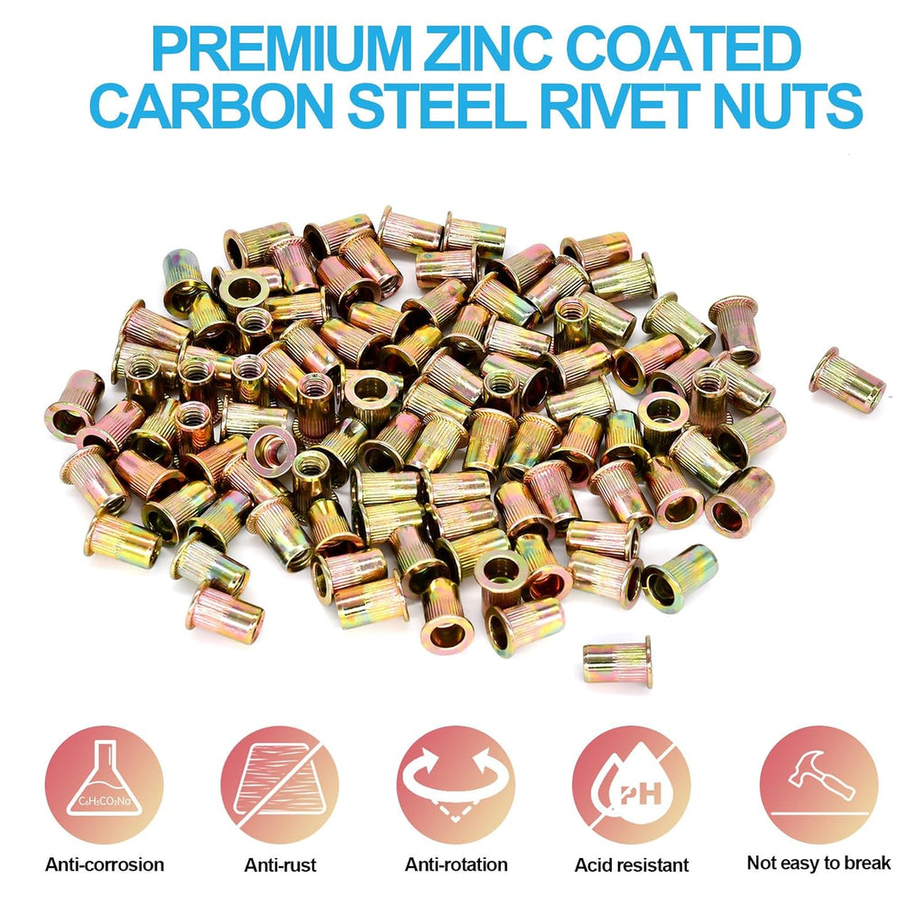 100PCS 1/4"-20 Rivet Nuts, Carbon Steel UNC Flat Head Rivets