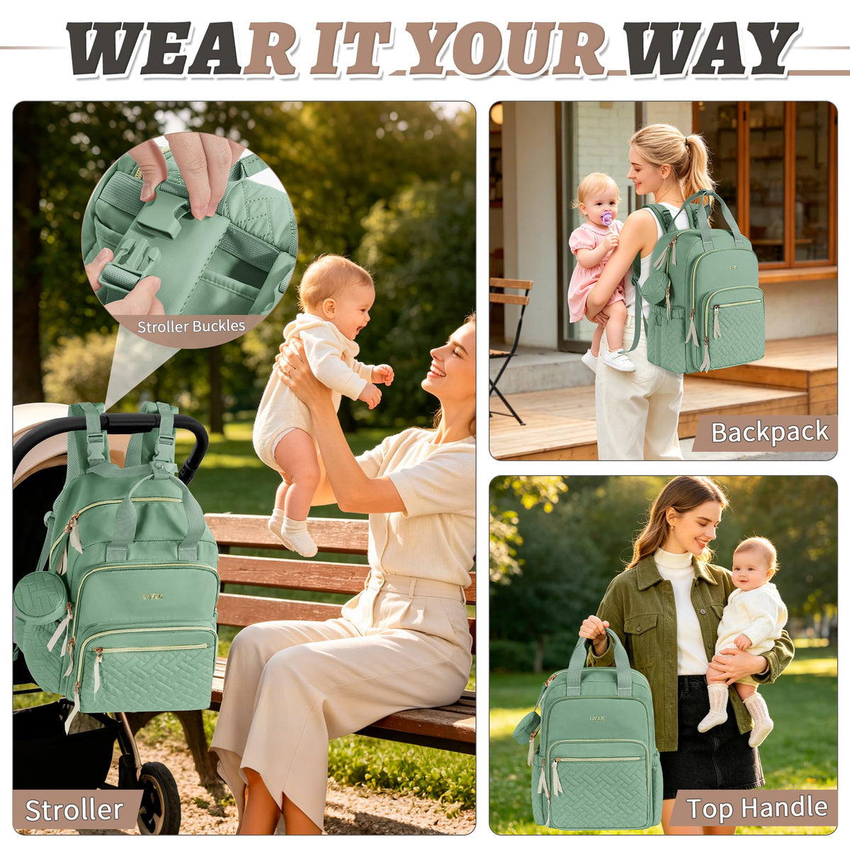 Diaper Bag Backpack with Changing Pad for Mom & Dad,Large,Green