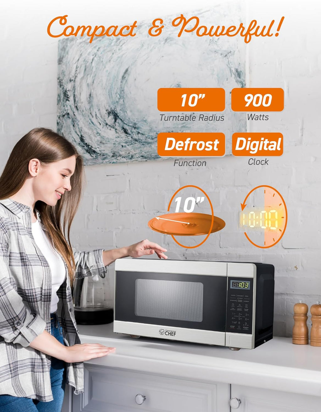 0.9 Cu. Ft. Countertop Microwave Oven, CHM009 | Touch Controls with Digital LED Display, 900W Small Microwave, 10”