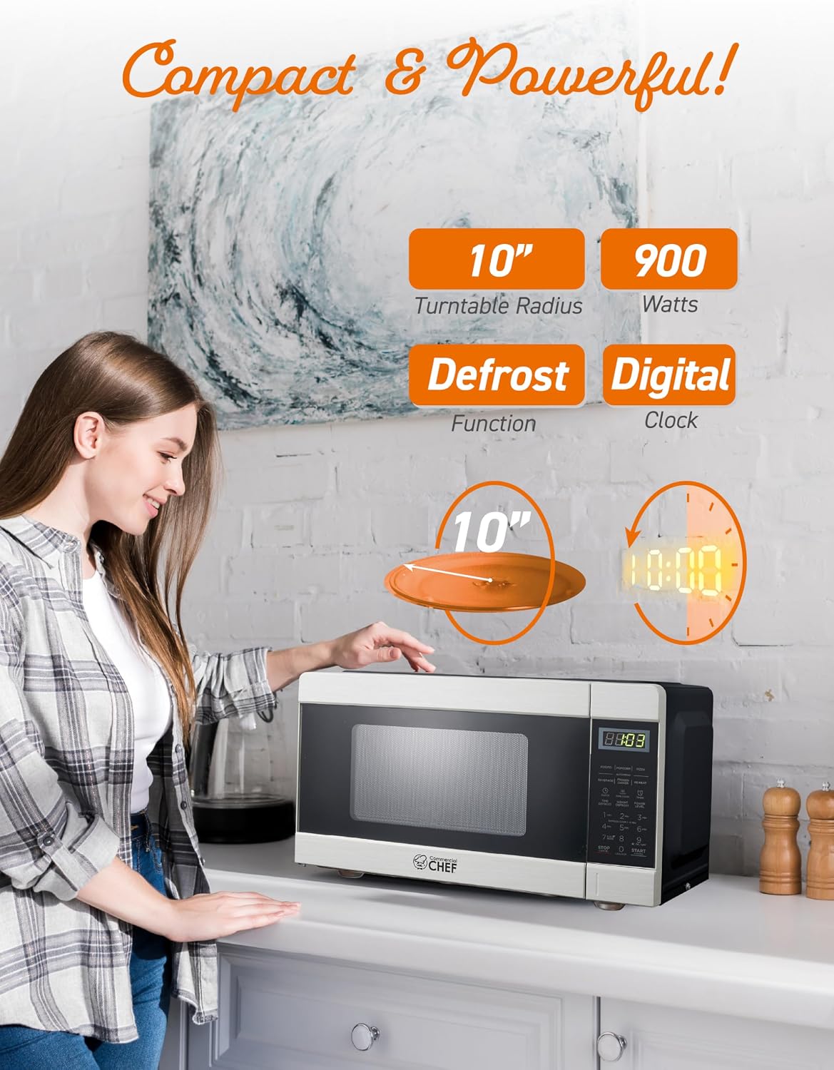 0.9 Cu. Ft. Countertop Microwave Oven, CHM009 | Touch Controls with Digital LED Display, 900W Small Microwave, 10”